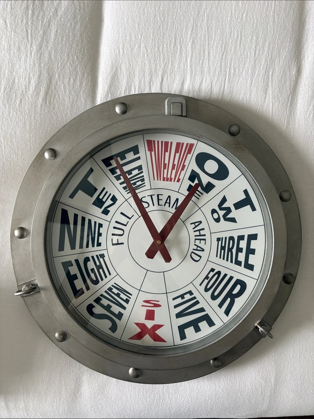 Pottery Barn Kids Brushed Silver Clock with Red Hands and Red and Navy Numerals